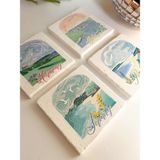 Manzaralı Yazı Baskılı Doğal Taş Bardak Altlığı 4’lü Set - 10 x 10 cm