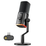 MAONO Kablosuz dinamik mikrofon, USB-C, kablosuz ve kablolu çift mod, 7 katmanlı gürültü azaltma, RGB PC masa mikrofonu, oyun/akış / toplantılar için, PD100 W, siyah