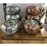 Maraş Bakırcılık - El Işçiliği 3'lü Dövme Bakır Güveç Tencere Takımı - (2l + 3l + 4l) - Içi Kalaylı Oyma Işlemeli - Gümüş