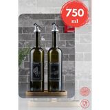 Marasca 750 ml Ahşap Stantlı Nar Ekşisi ve Sirke Şişesi Cam Yağdanlık Sosluk Seti Siyah Etiketli