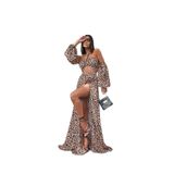 MARE BOUTIQUE Leopar Desenli Beli Lastikli Bacak Kısmı Yırtmaçlı Boyun Kısmından Bağlamalı Tek Parça Uzun Elbise-1