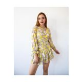 MARE BOUTIQUE Sarı Renk Çiçek Desenli İçi Astarlı Kolları Büzgülü Eteği Fırfırlı Mini Elbise Sarı S