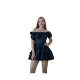 MARE BOUTIQUE Siyah Poplin Kumaş Beli Detaylı Dar Kalıp Etek Ve Yaka Kısımları Fırfırlı Mini Elbise Siyah S