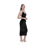 MARE BOUTIQUE Siyah Simli Omuzdan Zincir Askılı Sırt Dekolteli Pamuklu Kadife Kumaş Uzun Elbise Siyah S