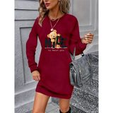 MareandPanda Kadın Uzun Kollu Bisiklet Yaka Ayı Desenli Viskon Iki Iplik Elbise Renk;Bordo,Beden;2XL-3XL