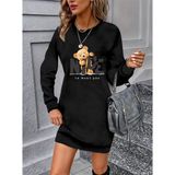 MareandPanda Kadın Uzun Kollu Bisiklet Yaka Ayı Desenli Viskon Iki Iplik Elbise Renk;Siyah,Beden;2XL-3XL
