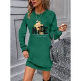 MareandPanda Kadın Uzun Kollu Bisiklet Yaka Ayı Desenli Viskon Iki Iplik Elbise Renk;Yeşil,Beden;2XL-3XL