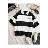 MARECASH Erkek Siyah-Beyaz NY Baskılı Çizgili Parçalı Fermuarlı Polo Yaka Oversize Yazlık T-shirt