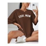 MARECASH Kadın Kahverengi Cool Mom (BEYAZ BASKILI) Hamile Tişört %100 Pamuk
