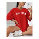 MARECASH Kadın Kırmızı Cool Mom (BEYAZ BASKILI) Hamile Tişört %100 Pamuk