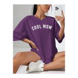 MARECASH Kadın Mor Cool Mom (BEYAZ BASKILI) Hamile Tişört %100 Pamuk