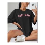 MARECASH Kadın Pembe Cool Mom (SİYAH BASKILI) Hamile Tişört %100 Pamuk
