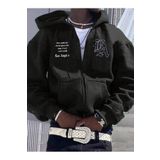 MARECASH Siyah Erkek Hırka Los Angeles Baskılı Bol Kesim Bağcıklı Kapşonlu Polar Sweatshirt