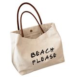 Marecot Kadın Kanvas Omuz Çantası, BEACH PLEASE Baskılı, Geniş Hacimli, Çıtçıt Kapamalı Günlük Tote Bag, Ekru ve Kahverengi