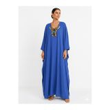 Marever Fashion Bohem Şıklık: Saks Mavi Yakası Taş İşlemeli Salaş Kaftan Elbise