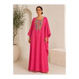 Marever Fashion Fuşya Taş İşlemeli Premium Keten Kaftan Elbise – Salaş Kesim Oversize Yazlık Maxi Elbise