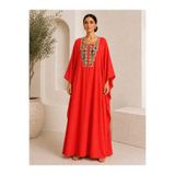 Marever Fashion Kırmızı Taş İşlemeli Premium Keten Kaftan Elbise – Oversize Maxi Yazlık Elbise