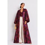 Marever Fashion Mor Bordo Brokar Kaftan – Premium Dokulu Floral Desenli Uzun Kimono Ceket