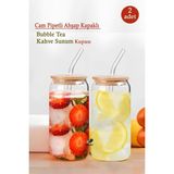 Maridet Bambu Kapaklı Isıya Dayanıklı Cam Pipetli 550 ml Meşrubat Kahve Sunum Bardağı | 4 Adet - Şeffaf