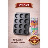 Maridet Çok Avantajlı Muffin Kalıbı 2’li Set | 12’li Muffin Kek Kalıbı + 100 Adet Renkli Muffin Kağıdı - 1 Adet