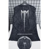 Marilyn Manson Logo Sırt Baskılı Yıkamalı Kolsuz Tişört, Unisex Rock Band Sıfır Kollu Eskitme Atlet - Siyah - 4XL
