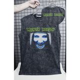 Marilyn Manson Resimli Yıkamalı Kolsuz Tişört, Unisex Rock Band Temalı Sıfır Kollu Vintage Atlet - Siyah - 2XL