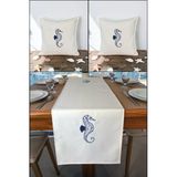 Marin Nakışlı Runner 145X40ve45x45 Kırlent Seti Deniz Atı Desen Su İtici Outdoor Keten Tekne Bahçe