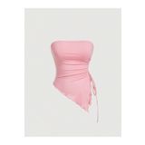 Marin Star Pembe Asimetrik Likralı Yan Büzgülü Yazlık Bluz, Toz Pembe Straplez, Askısız Esnek Şeker Pembe Crop