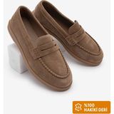 Marjin Kadın Deri Loafer Ayakkabı Taba Süet Düz Taban ile Rahat Günlük Stil
