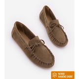 Marjin Kadın Hakiki Deri Bağlamalı Fiyonklu Makosen Büzgülü Olive Loafer Günlük Ayakkabı Tavon Toprak Süet