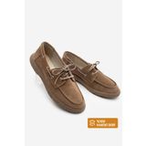 Marjin Kadın Hakiki Deri Bağlamalı Loafer Günlük Ayakkabı Enita Camel Süet