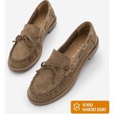 Marjin Kadın Hakiki Deri Dikiş Detaylı Fiyonklu Vardola Olive Loafer Günlük Ayakkabı Savron Toprak Süet