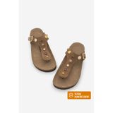 Marjin Kadın Hakiki Deri Eva Taban Taşlı Parmak Arası Günlük Terlik Elvita Camel Süet