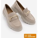 Marjin Kadın Hakiki Deri Loafer Kalın Taban Metal Tokalı Süet Günlük Ayakkabı Zolez Bej