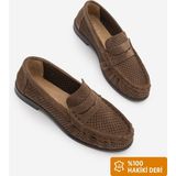 Marjin Kadın Hakiki Deri Loafer Makosen Delik Görünümlü Dikişli Büzgülü Günlük Ayakkabı Kaneri Kahve Süet - Kahverengi Süet