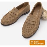 Marjin Kadın Hakiki Deri Loafer Makosen Olive Delik Görünümlü Dikişli Büzgülü Günlük Ayakkabı Kaneri Toprak Süet