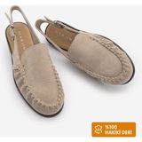Marjin Kadın Hakiki Deri Önü Kapalı Arkası Atkılı Büzgülü Loafer Günlük Sandalet Barseli Bej Süet - Bej - Süet