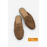 Marjin Kadın Hakiki Deri Önü Kapalı Dikişli Büzgülü Makosen Loafer Günlük Terlik Calista Camel Süet