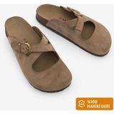 Marjin Kadın Hakiki Deri Önü Kapalı Eva Taban Çapraz Bantlı Günlük Süet Sabo Terlik Menifa Camel Süet