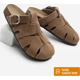 Marjin Kadın Hakiki Deri Önü Kapalı Eva Taban Tokalı Günlük Süet Sabo Terlik Yolis Camel Süet