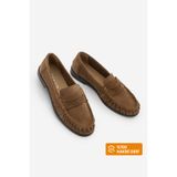 Marjin Kadın Hakiki Deri Oval Burun Makosen Dikişli Büzgülü Loafer Günlük Ayakkabı Lefora Camel Süet