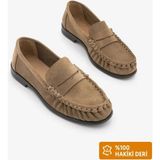 Marjin Kadın Hakiki Deri Oval Burun Makosen Dikişli Büzgülü Loafer Olive Günlük Ayakkabı Velron Toprak Süet