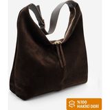 Marjin Kadın Hakiki Deri Shopper Fermuarlı Omuz Çantası Avelin Kahve Süet