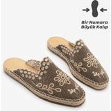 Marjin Kadın Keten Nakışlı Desenli Önü Kapalı Jüt Espadril Terlik Talune Vizon Keten