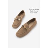 Marjin Kadın Küt Burun Taşlı Loafer Günlük Ayakkabı Arite Camel Süet
