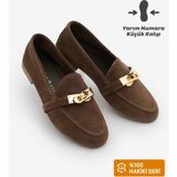Marjin Kadın Loafer Hakiki Deri Tokalı Makosen Günlük Ayakkabı Nador Kahve Süet - Kahverengi Süet