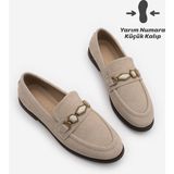Marjin Kadın Loafer Makosen Tokalı Taşlı Klasik Günlük Ayakkabı Savira Bej Süet