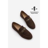 Marjin Kadın Loafer Makosen Tokalı Taşlı Klasik Günlük Ayakkabı Savira Kahve Süet