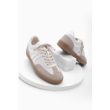 Marjin Kadın Sneaker Bağcıklı Düz Taban Spor Ayakkabı Tiyone Bej