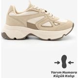 Marjin Kadın Sneaker Bej Süet Yüksek Kalın Taban Bağcıklı Spor Ayakkabı Termo Taban - Bej - Süet